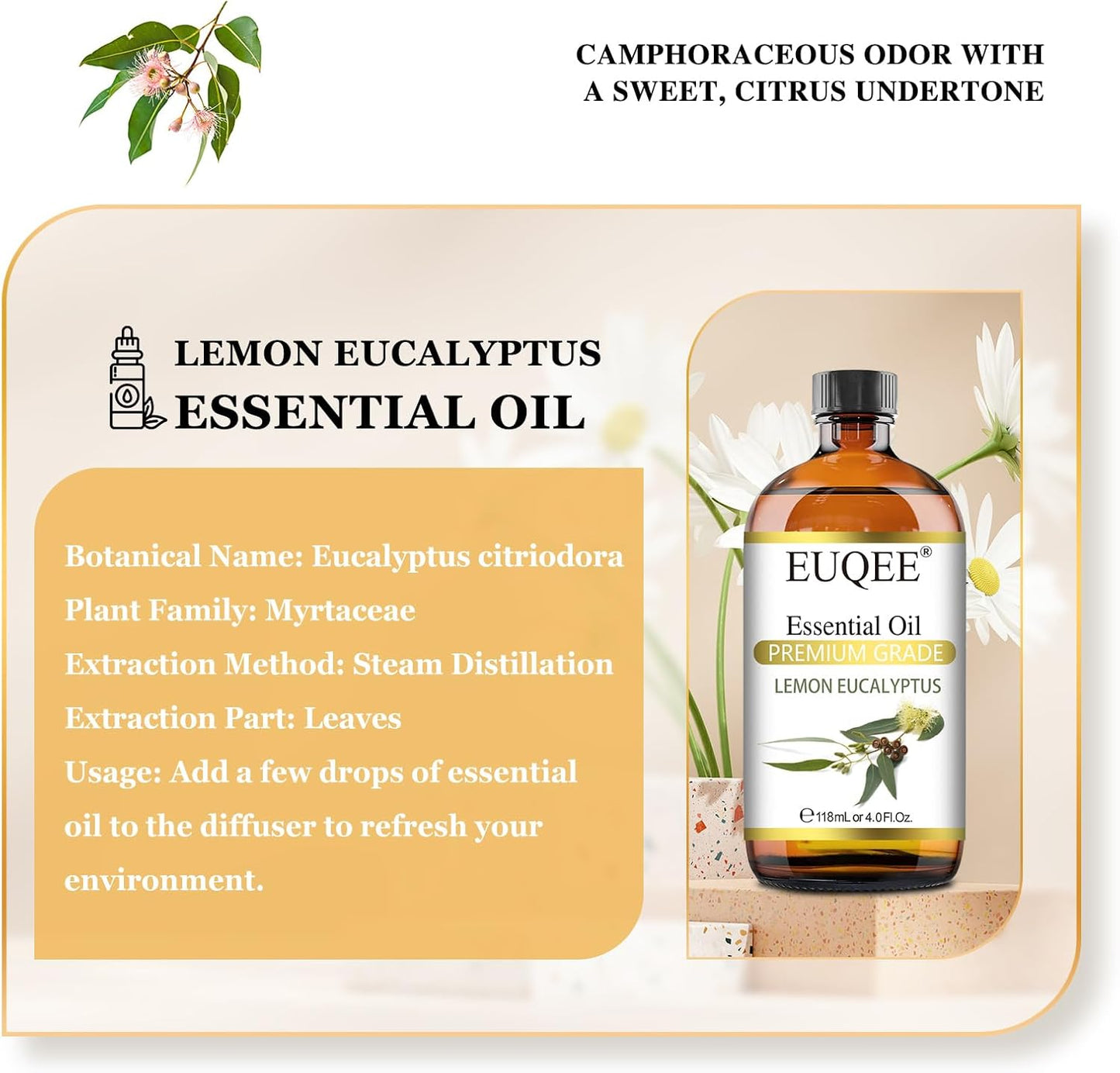 Lemon Eucalyptus Essential Oil Pure Lemon Eucalyptus Oil, Large Capacity Essential Oil with Glass Dropper for Diffuser, Candle Making - 118ml / 4 Fl.Oz