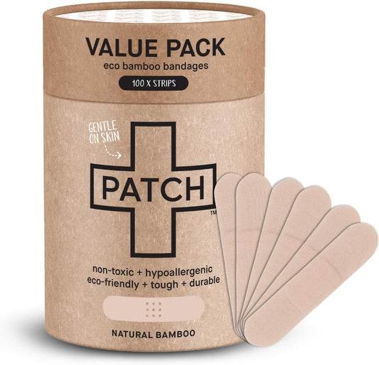 PATCH 100 Count Value Pack, Organic Natural Bamboo Eco-Friendly Adhesive Bandages for Abrasions & Grazes, Hypoallergenic Wound Care for Sensitive Skin, Compostable, Biodegradable, Latex & Plastic Free
