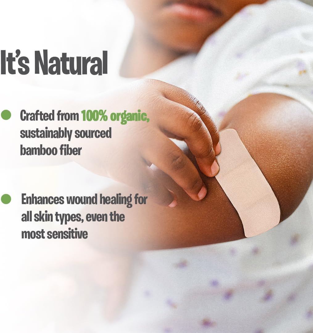 PATCH 100 Count Value Pack, Organic Natural Bamboo Eco-Friendly Adhesive Bandages for Abrasions & Grazes, Hypoallergenic Wound Care for Sensitive Skin, Compostable, Biodegradable, Latex & Plastic Free