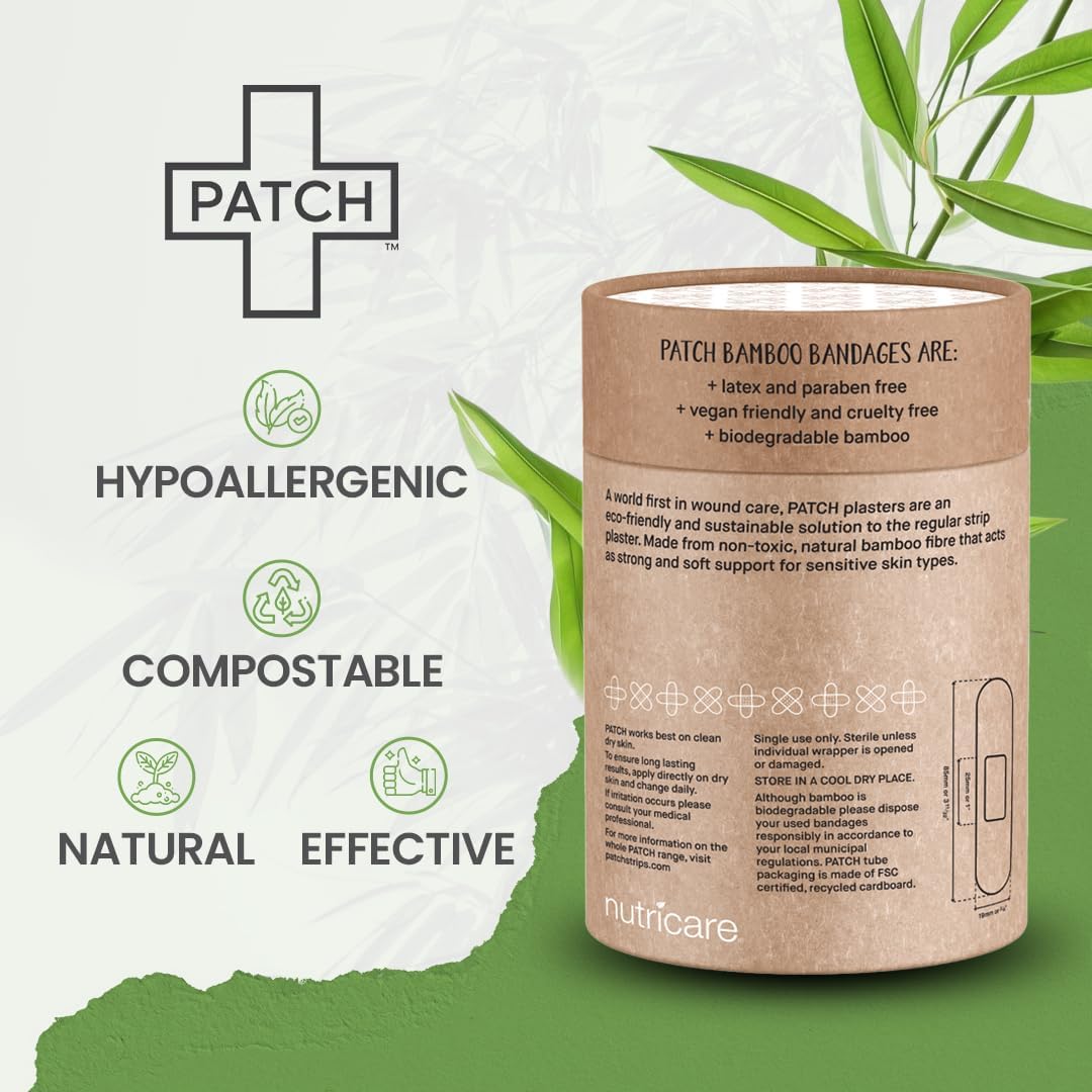 PATCH 100 Count Value Pack, Organic Natural Bamboo Eco-Friendly Adhesive Bandages for Abrasions & Grazes, Hypoallergenic Wound Care for Sensitive Skin, Compostable, Biodegradable, Latex & Plastic Free