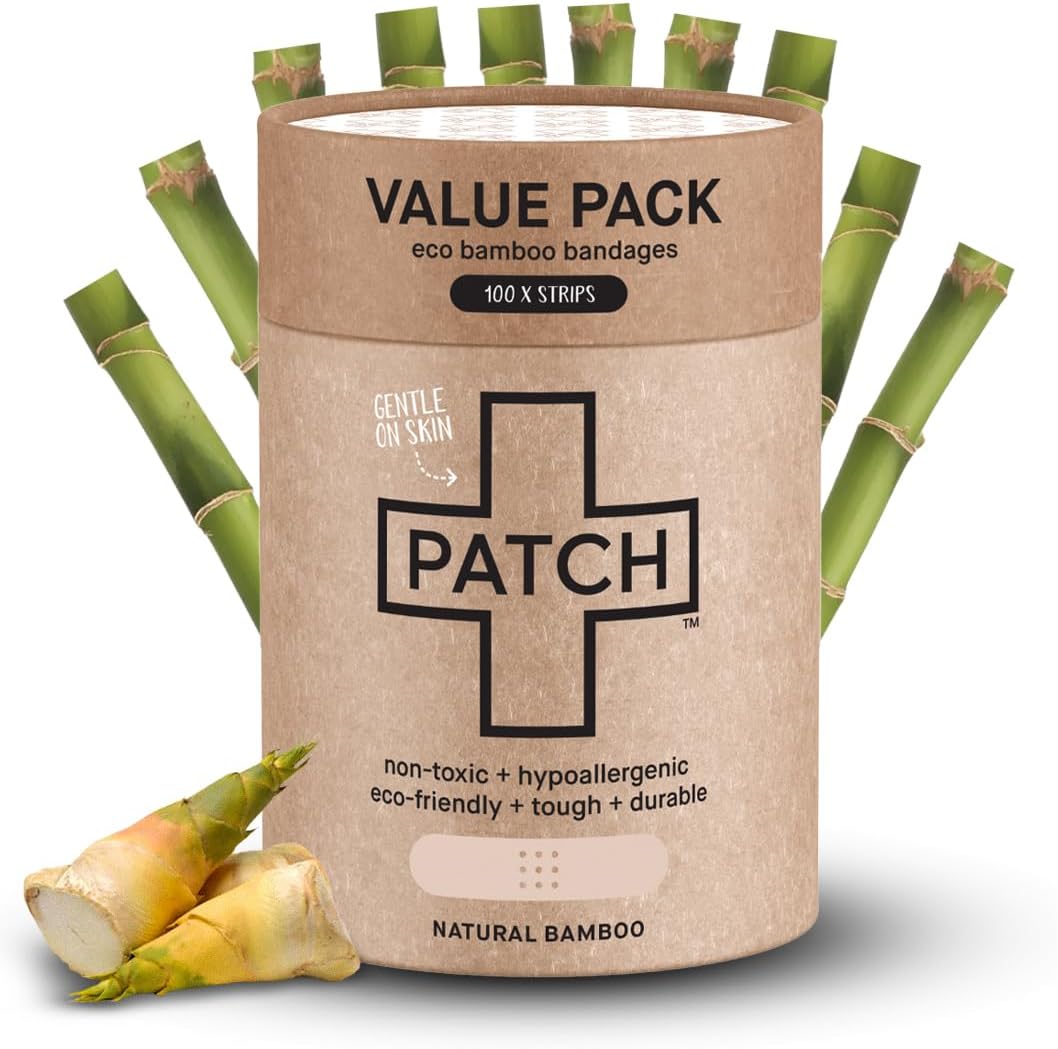 PATCH 100 Count Value Pack, Organic Natural Bamboo Eco-Friendly Adhesive Bandages for Abrasions & Grazes, Hypoallergenic Wound Care for Sensitive Skin, Compostable, Biodegradable, Latex & Plastic Free