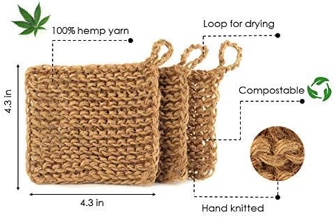 Natural Hemp Sponge for Dishes - Biodegradable Scrubber for dishwashing -Organic Reusable Unsponges Hand Knitted- Eco Friendly 100%-Compostable 1ct
