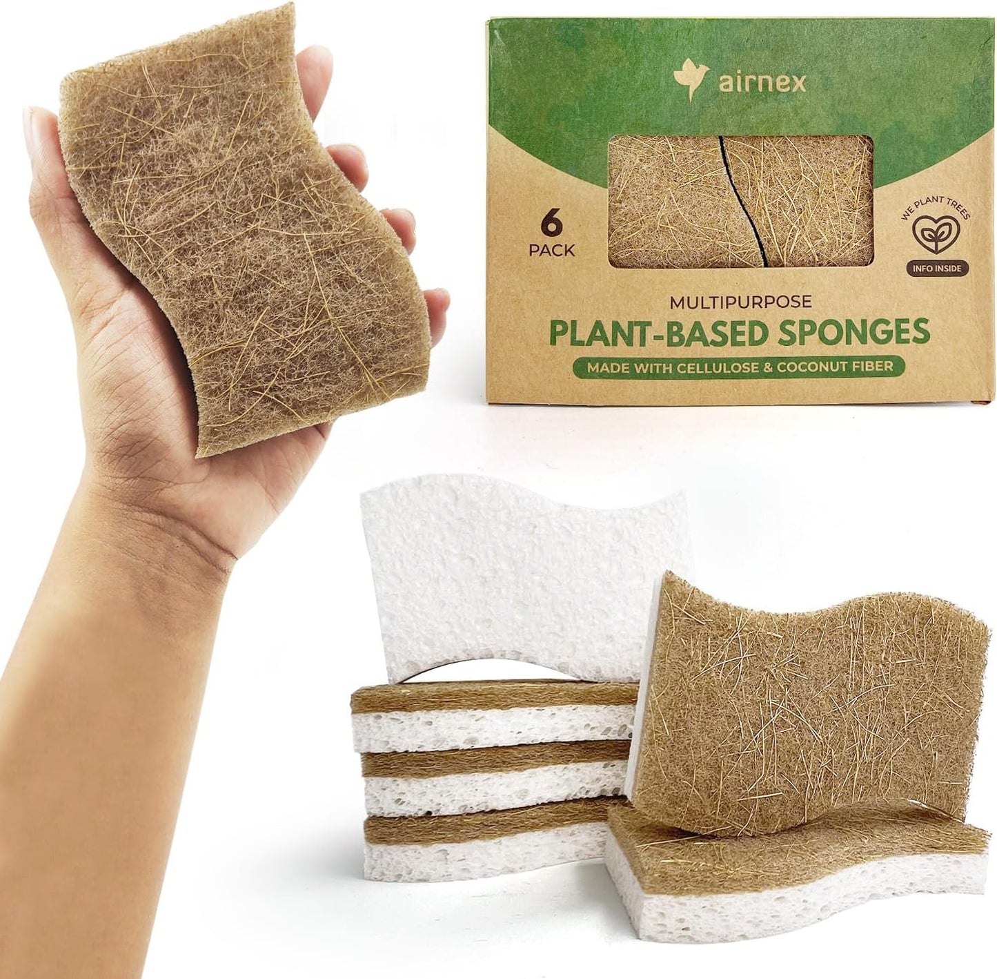Natural Kitchen Sponges Pack of 6 - Cellulose and Coconut Husk Dishwashing Scrubbers - Odor Free, Non Scratch, Eco Friendly, Quick Drying Scrub Sponges for Washing Dishes