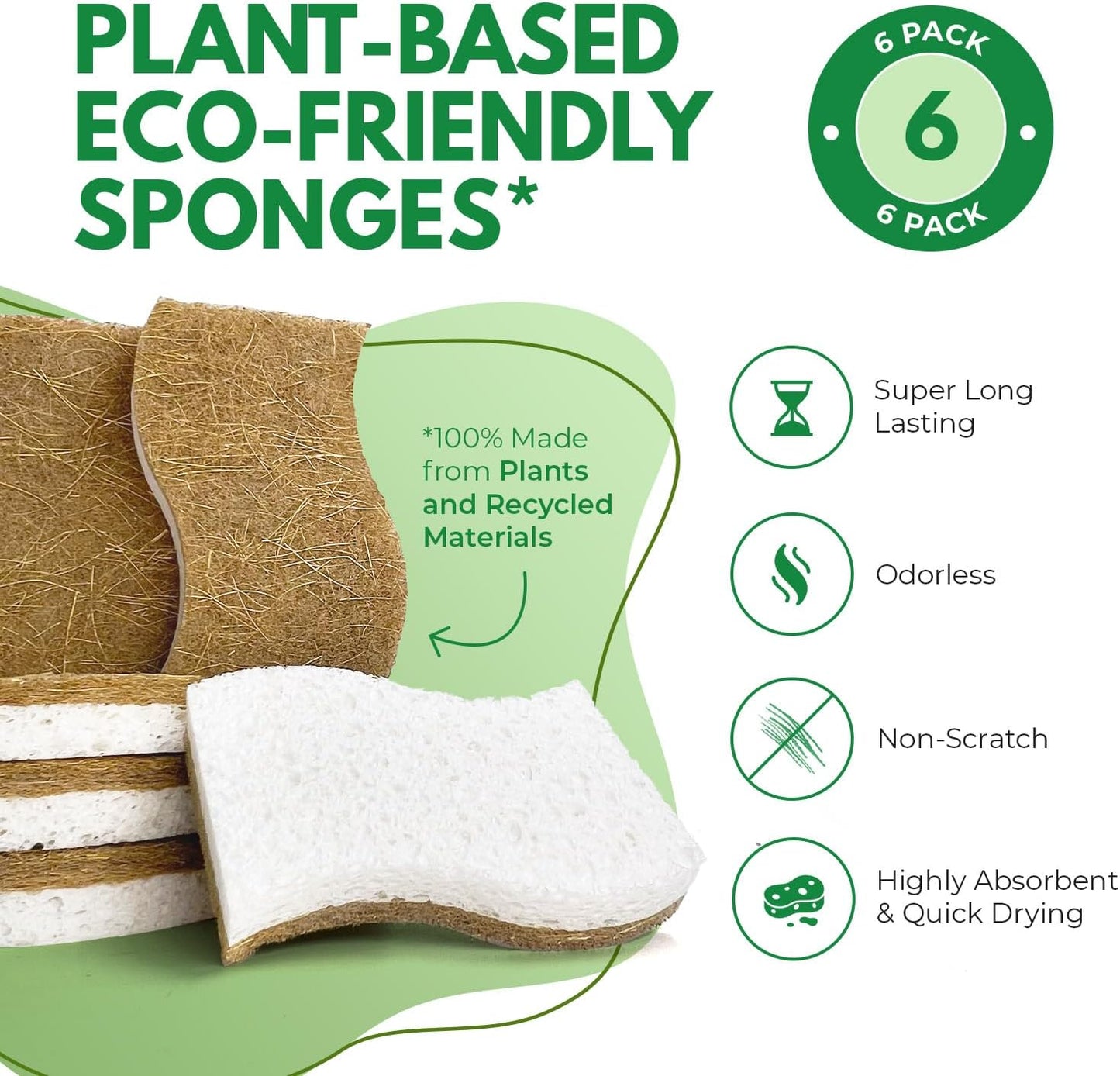 Natural Kitchen Sponges Pack of 6 - Cellulose and Coconut Husk Dishwashing Scrubbers - Odor Free, Non Scratch, Eco Friendly, Quick Drying Scrub Sponges for Washing Dishes