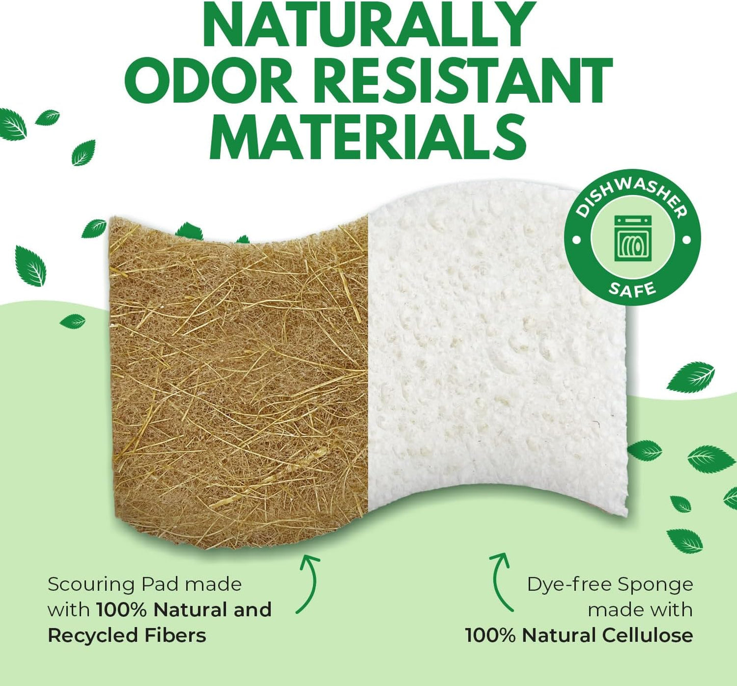 Natural Kitchen Sponges Pack of 6 - Cellulose and Coconut Husk Dishwashing Scrubbers - Odor Free, Non Scratch, Eco Friendly, Quick Drying Scrub Sponges for Washing Dishes