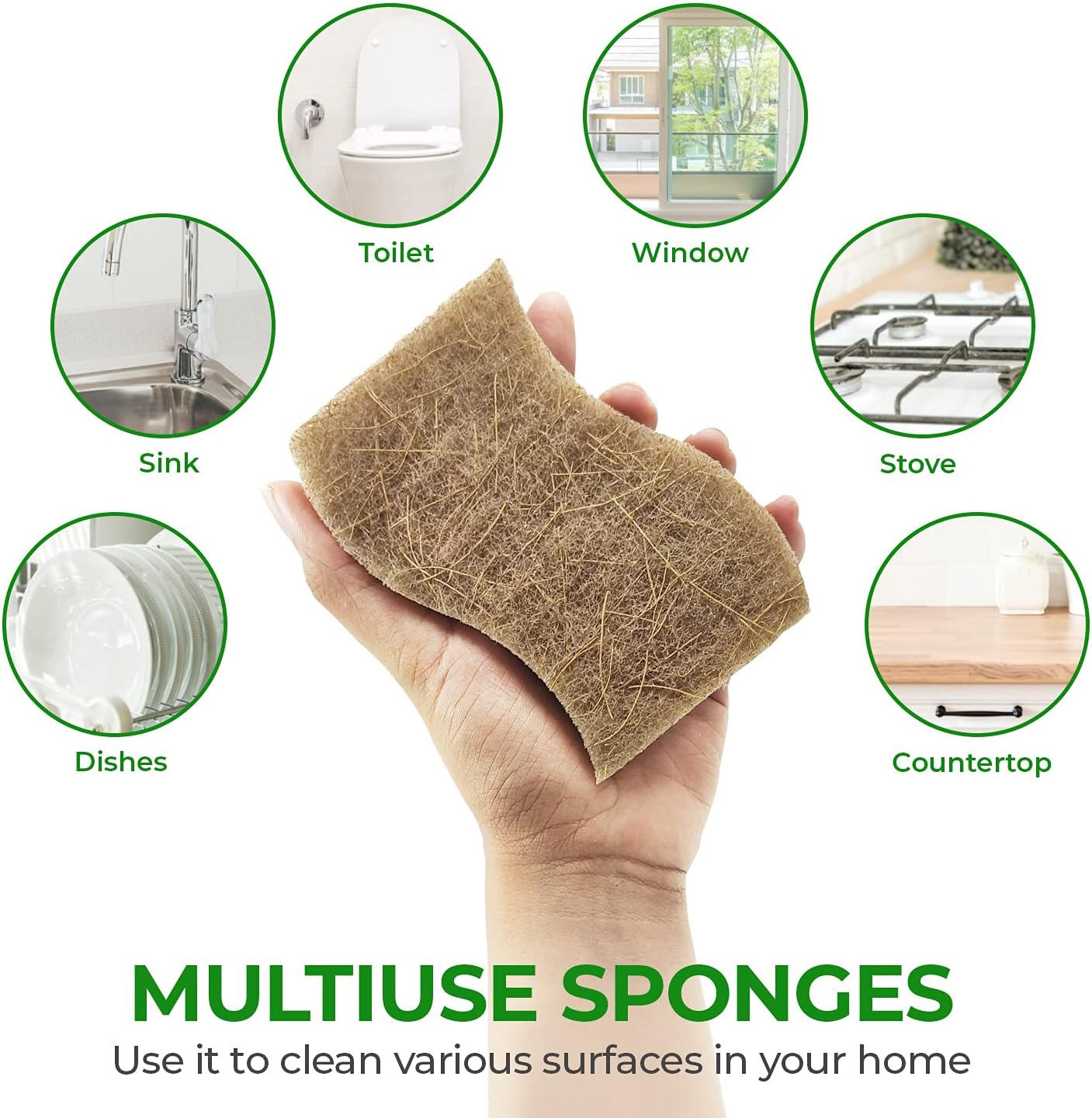 Natural Kitchen Sponges Pack of 6 - Cellulose and Coconut Husk Dishwashing Scrubbers - Odor Free, Non Scratch, Eco Friendly, Quick Drying Scrub Sponges for Washing Dishes