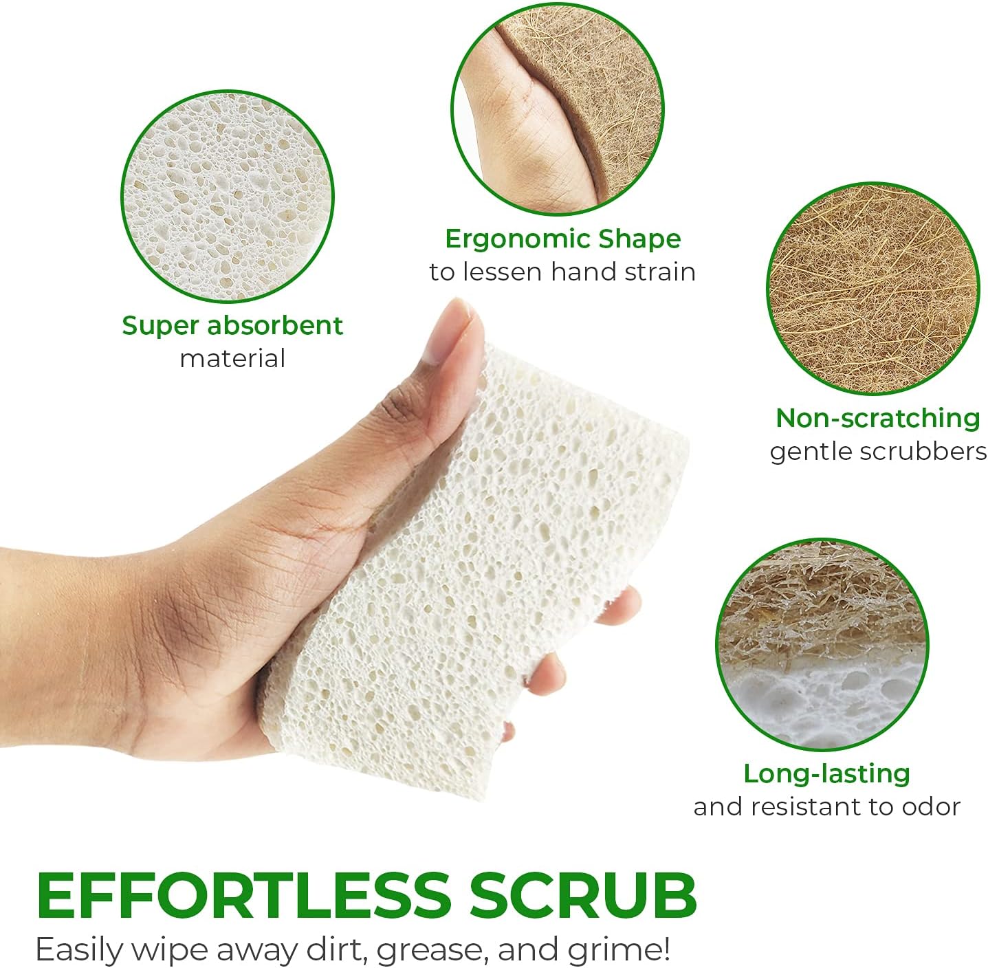 Natural Kitchen Sponges Pack of 6 - Cellulose and Coconut Husk Dishwashing Scrubbers - Odor Free, Non Scratch, Eco Friendly, Quick Drying Scrub Sponges for Washing Dishes